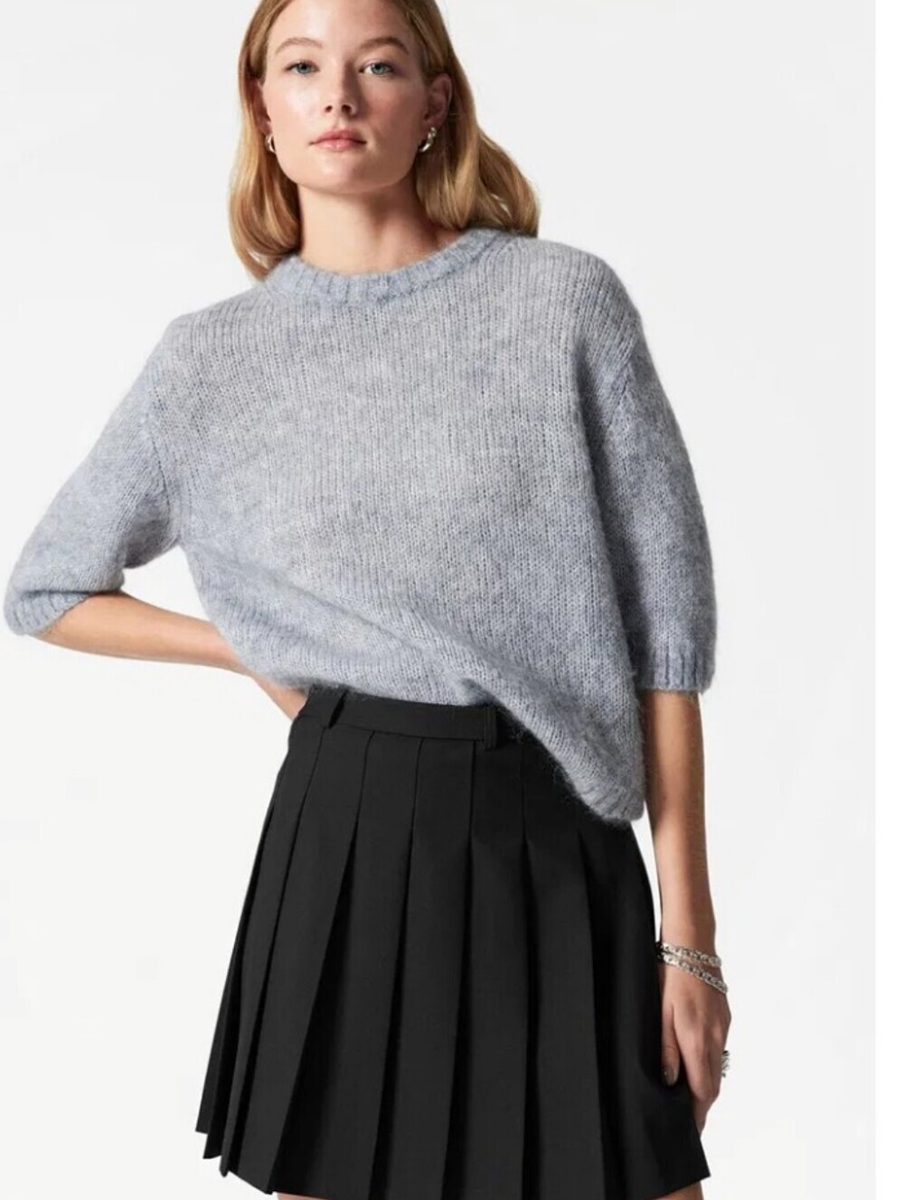 & Other Stories S Mohair Blend Knit Top Crewneck Short Sleeve Gray Sweater NWOT